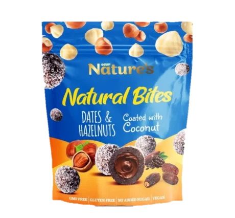 NATURAL BITES DATES & HAZELNUT COATED WITH COCONUT. 96g X 24